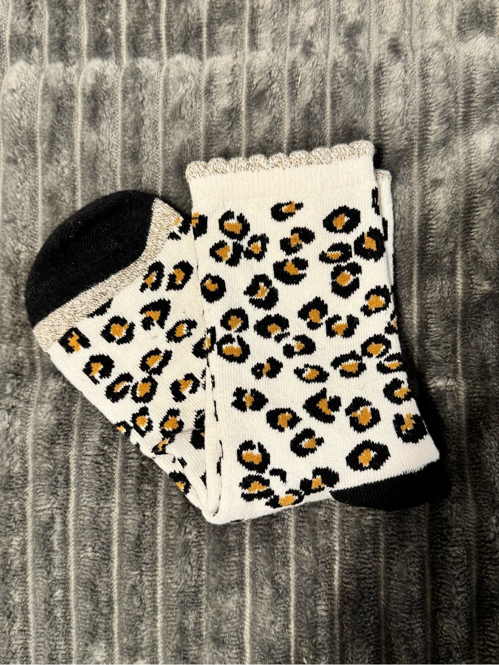 Girls Leopard Print Crew Socks - White with Black & Gold Accent